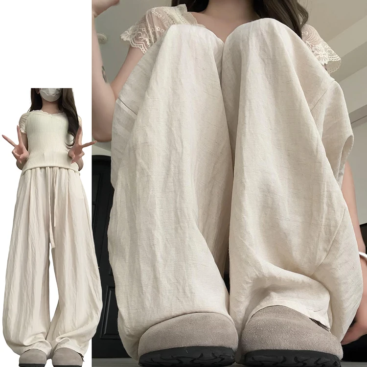 กางเกงลำลองผ้าลินินสไตล์เกาหลีสำหรับผู้หญิง รุ่นใหม่สำหรับฤดูร้อน เนื้อผ้าเบาสบาย ระบายอากาศได้ดี ทรงหลวม ช่วยให้ดูผอมเพรียว ยาวคลุมเท้า