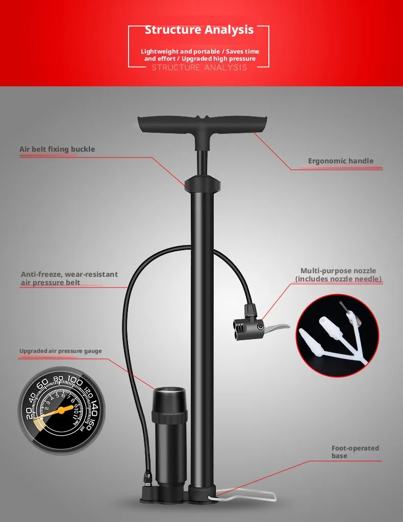 Hochdruck-Fahrradpumpe, tragbare Fahrrad-Luftpumpe, universeller Reifenfüller mit Schlauch für Fahrrad, E-Bike, Auto, Motorrad, Ball, Radfahren – Detail 11