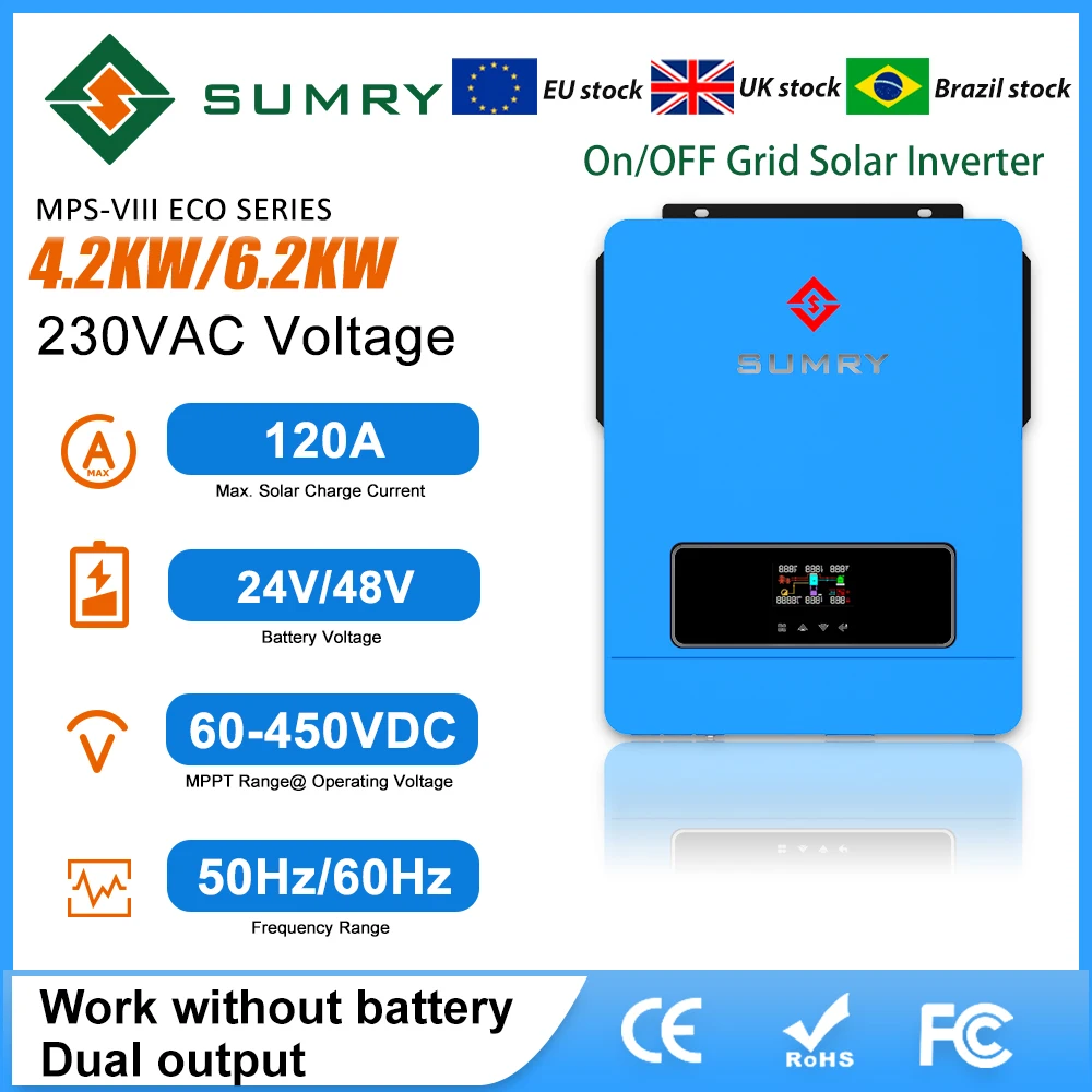 

Sumry 4.2/6.2kw Hybrid Solar Inverter 24/48V Dual Output on/off Grid Pure Sine Wave 60~450V with 120A MPPT Charge Controller
