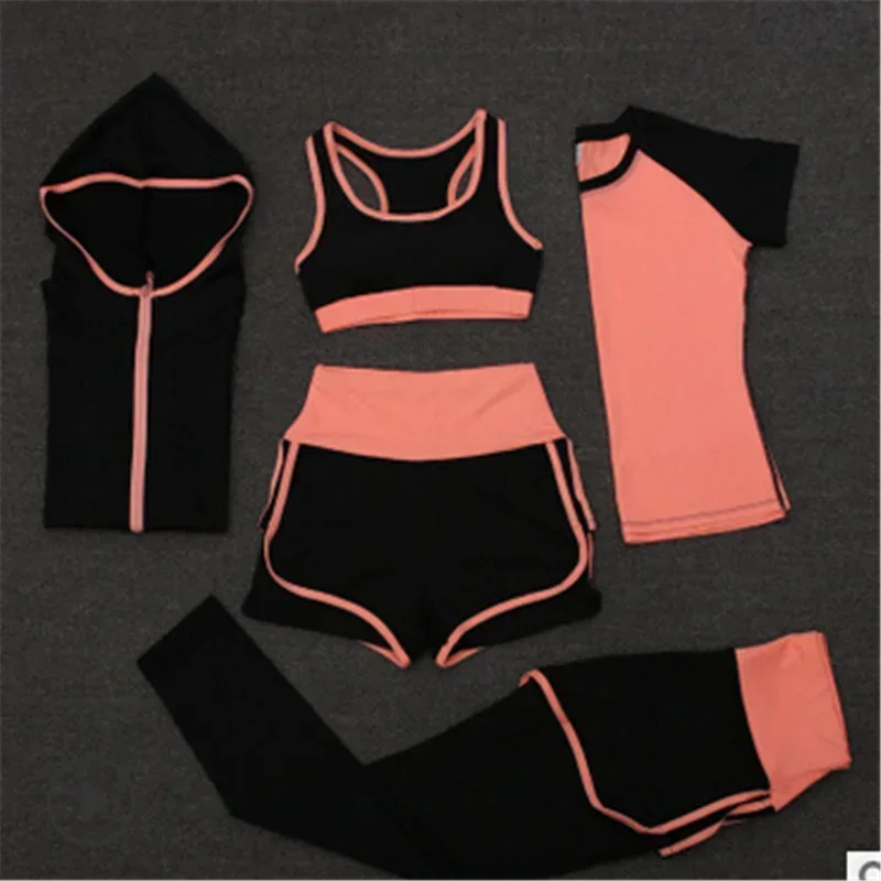 Quick dry women yoga clothing hooded coats+t shirt+bra+shorts+pants sets women autumn outdoor running sportswear gym Suits