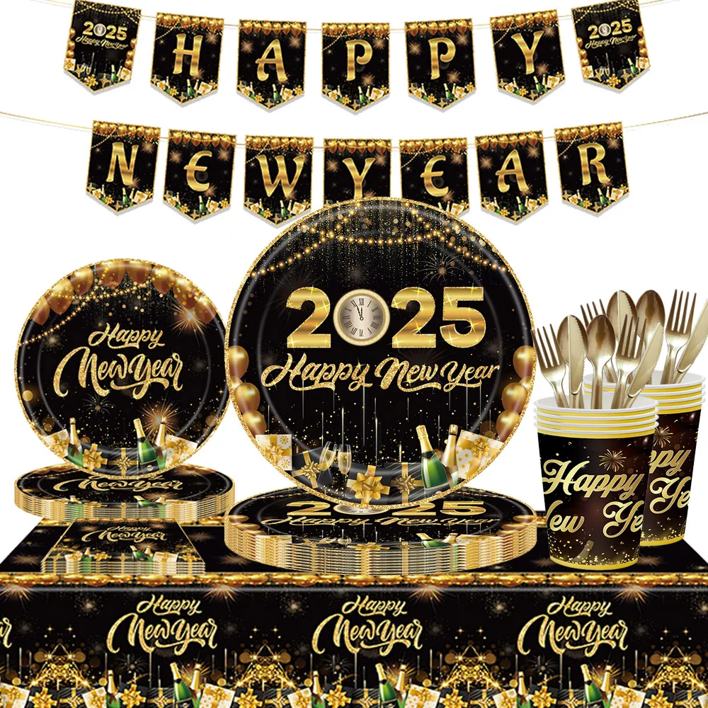 2025 Happy New Year Party Supplies Disposable Tableware  Paper Plates Cups Napkins Black Gold Theme New Year Eve Decorations