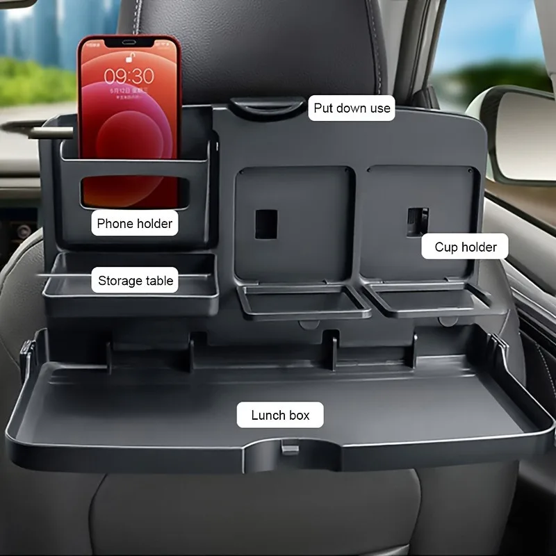 Premium Plastic Rear Seat Organizer with Collapsible Dining Tray Double Cup Holders Easy To Install Vehicle Seat Back Accessory