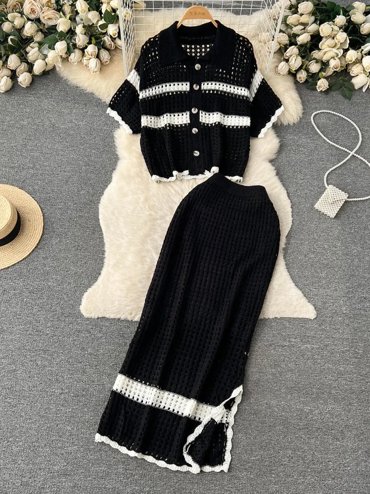 Korean Spring Summer Vacation Style Knitted Twi Piece Set Women Chic Hollow out Sweater Cardigan +Long Maxi Skirt Sets