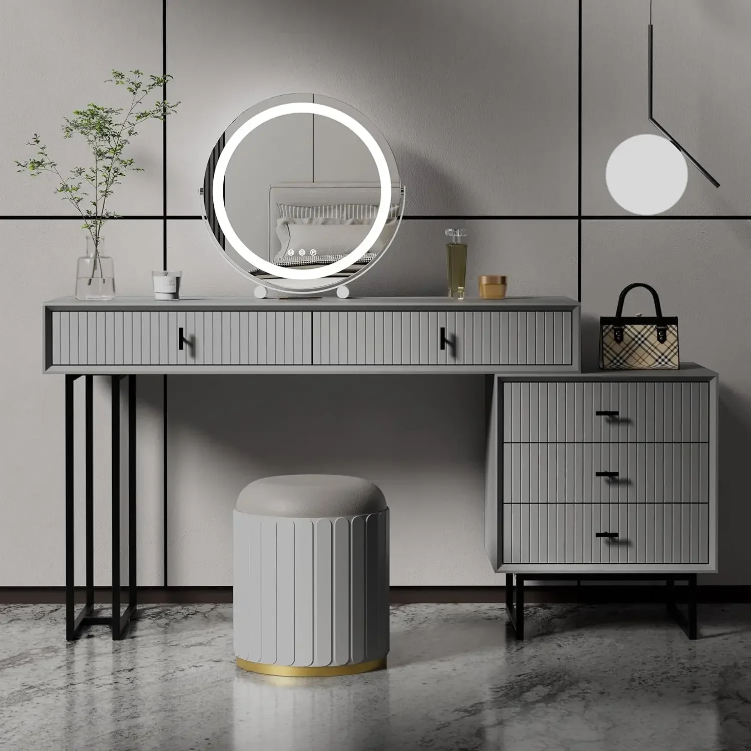 Large Vanity Desk with Drawers,Makeup Vanity Set with Movable 3-Drawer Chest,Modern Makeup Vanity Dressing Table(Grey)