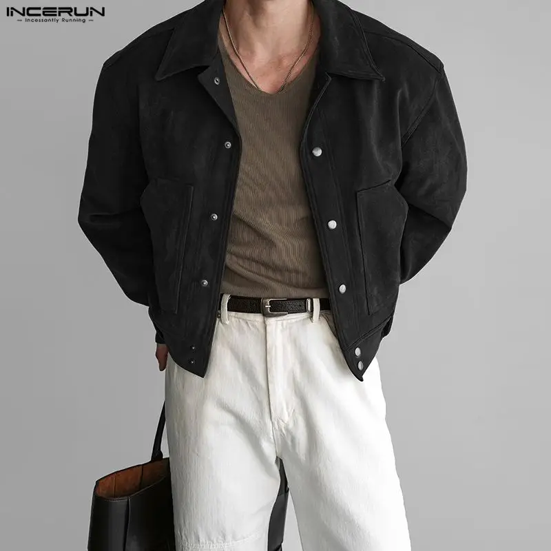 INCERUN الرجال السترات الصلبة التلبيب كم طويل زر الذكور معاطف الشارع الشهير جيوب ربيع الخريف موضة ملابس خارجية غير رسمية جاكيتات