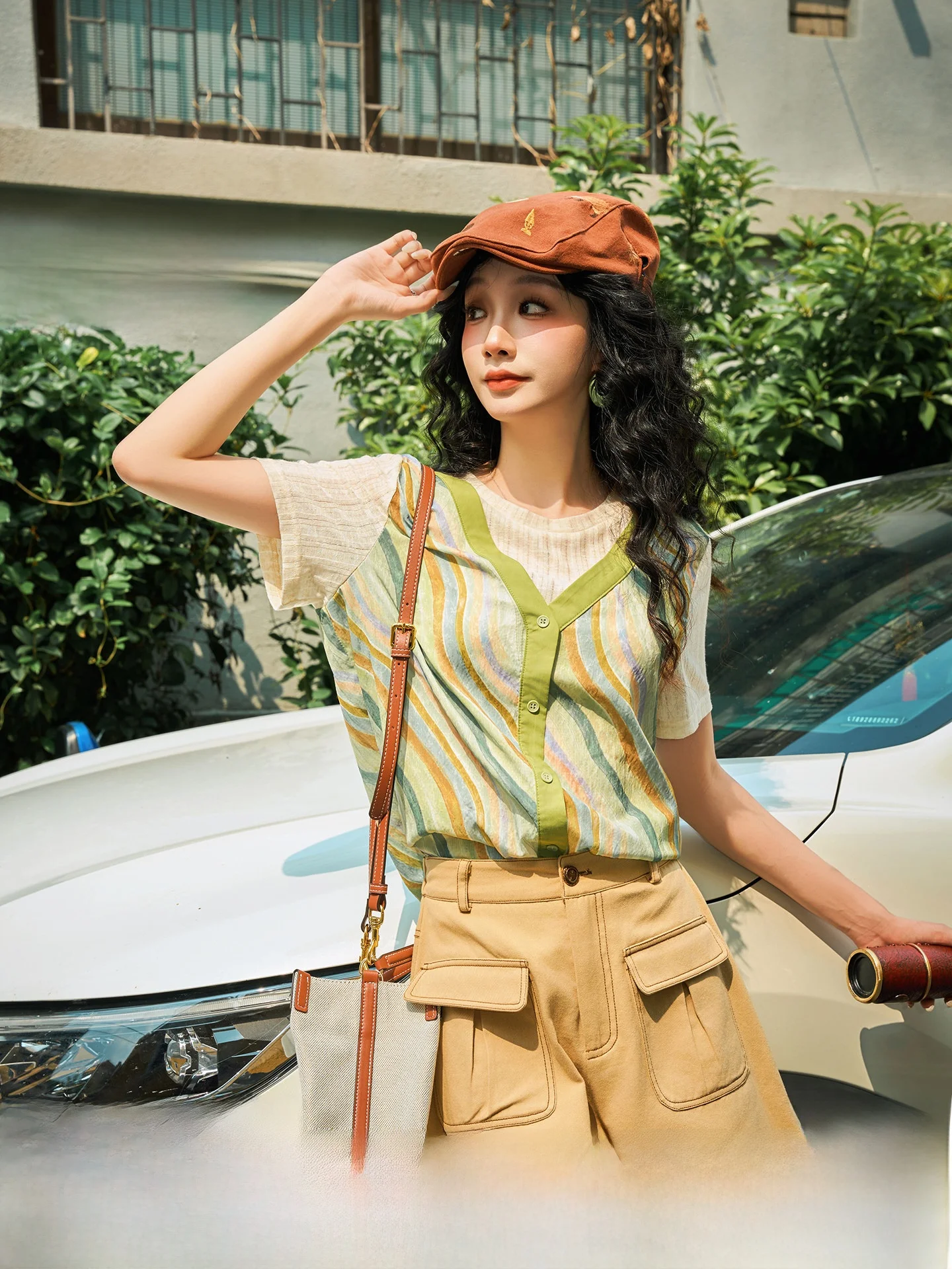 

Casual Summer Wave Pattern Two-Piece Look T-Shirt Women's Short Sleeve Splice Design Breathable Cotton Blend round Neck Top