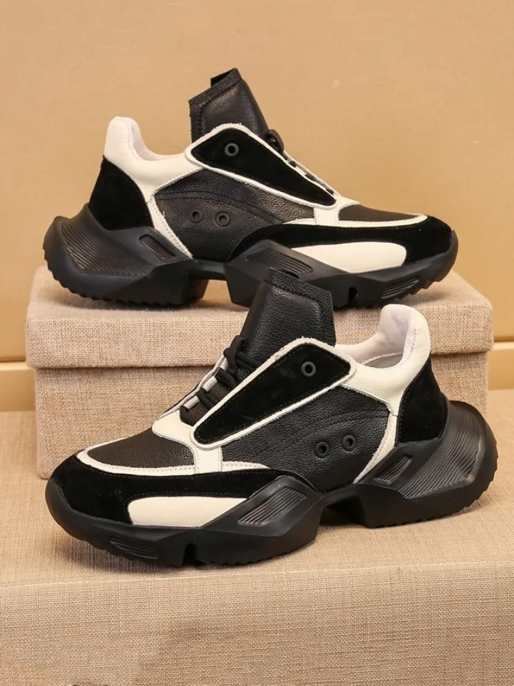 Mens Genuine Leather Sneakers Mixed Colors Design Round Toe Thick Bottom Casual Shoes Fashion Comfortable Walking Active Shoes
