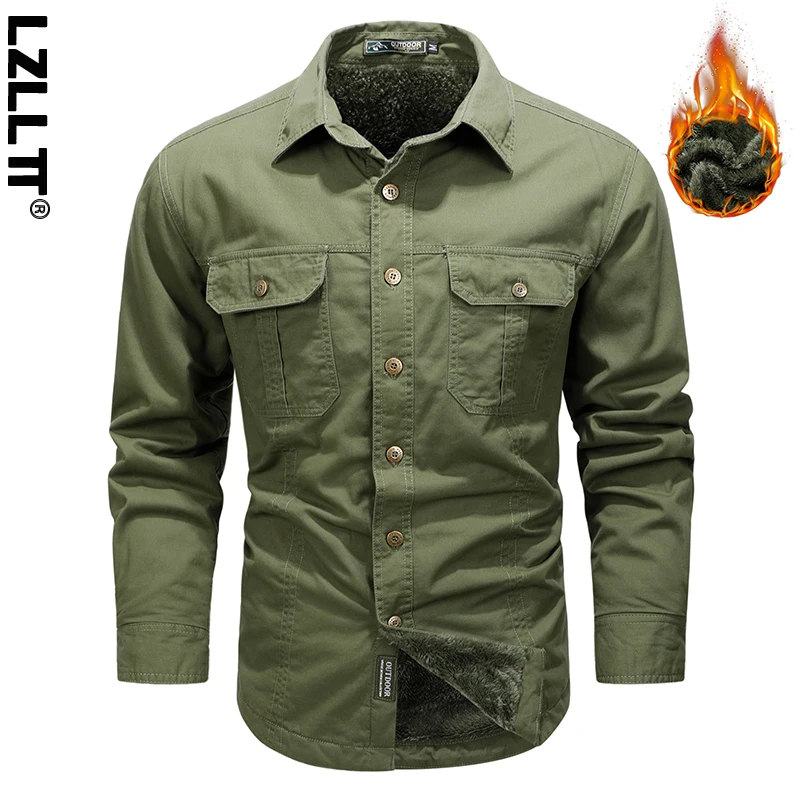 Winter Men Fleece Cargo Cotton Long Sleeve Shirts Man Casual Military Tactic Thick Shirts Man Outdoor Blouses Polo Top Shirt 5XL