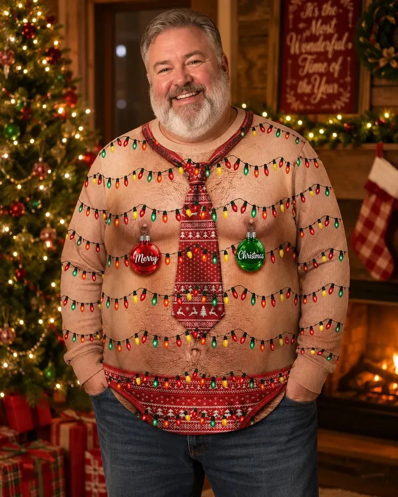 Funny Fake Muscle Chest Ugly Christmas Sweatshirt 3D Optical Illusion Print Long Sleeve Sweater Xmas Gifts Unisex Holiday Tops