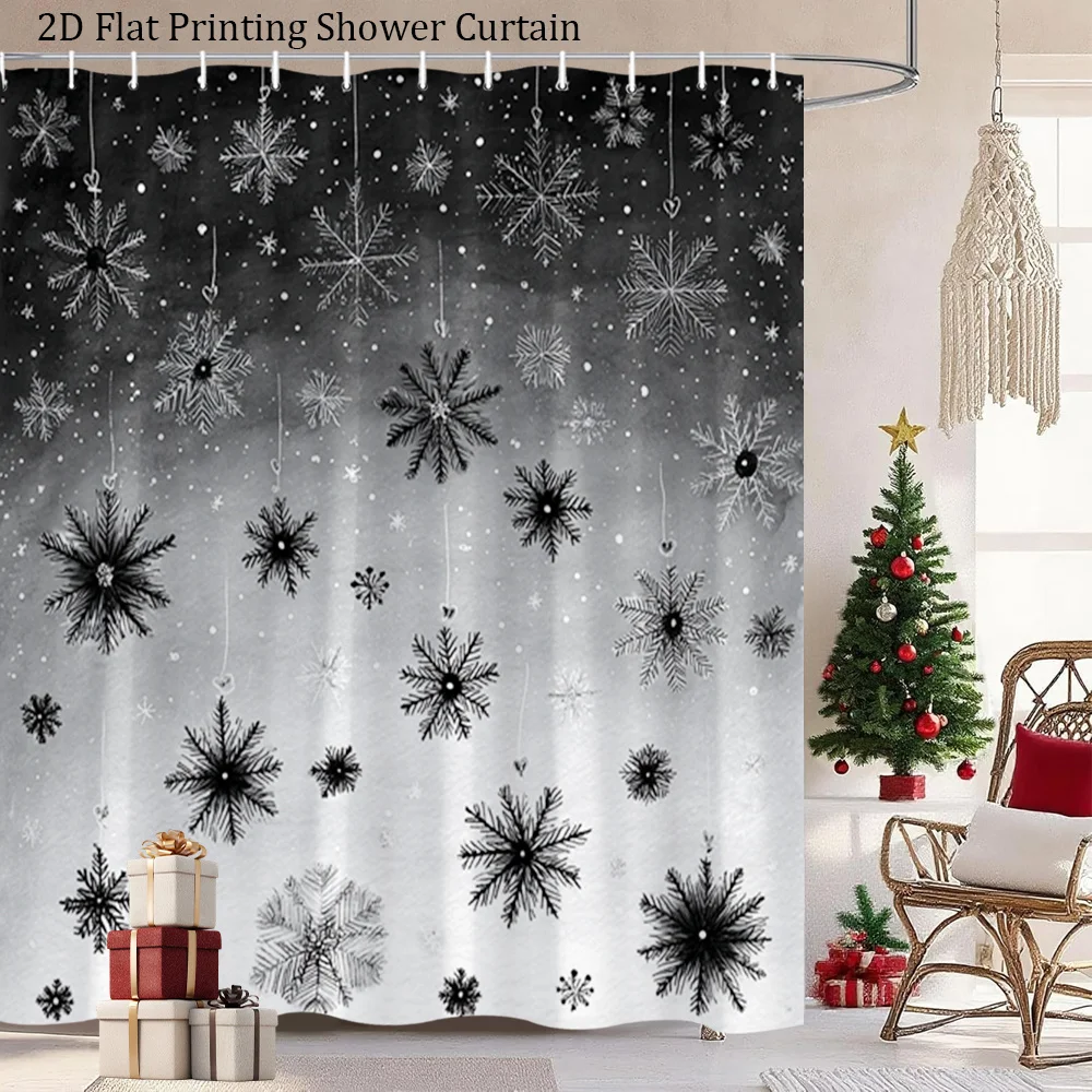 2D Flat, 2D Flat, 1pc of Winter Snowflake Shower Curtain Featuring a Black And White Snowflake Design, Perfect for Festive Bathr