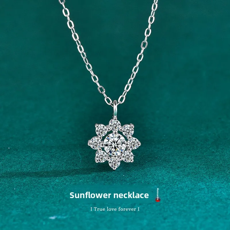 

S925 Rhodium Plated 0.5CT D Color Moissanite Sunflower Pendant Necklace for Women Elegant Collarbone Jewelry Gift.
