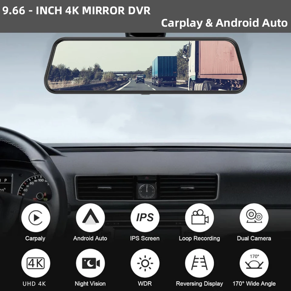 E-ACE 9.66 "4K سيارة أندرويد Carplay شاشة تعمل باللمس واي فاي FM الصوت مشغل ستيريو كاميرا BT HD MP5 Autoradio اختياري 1080P كاميرا خلفية