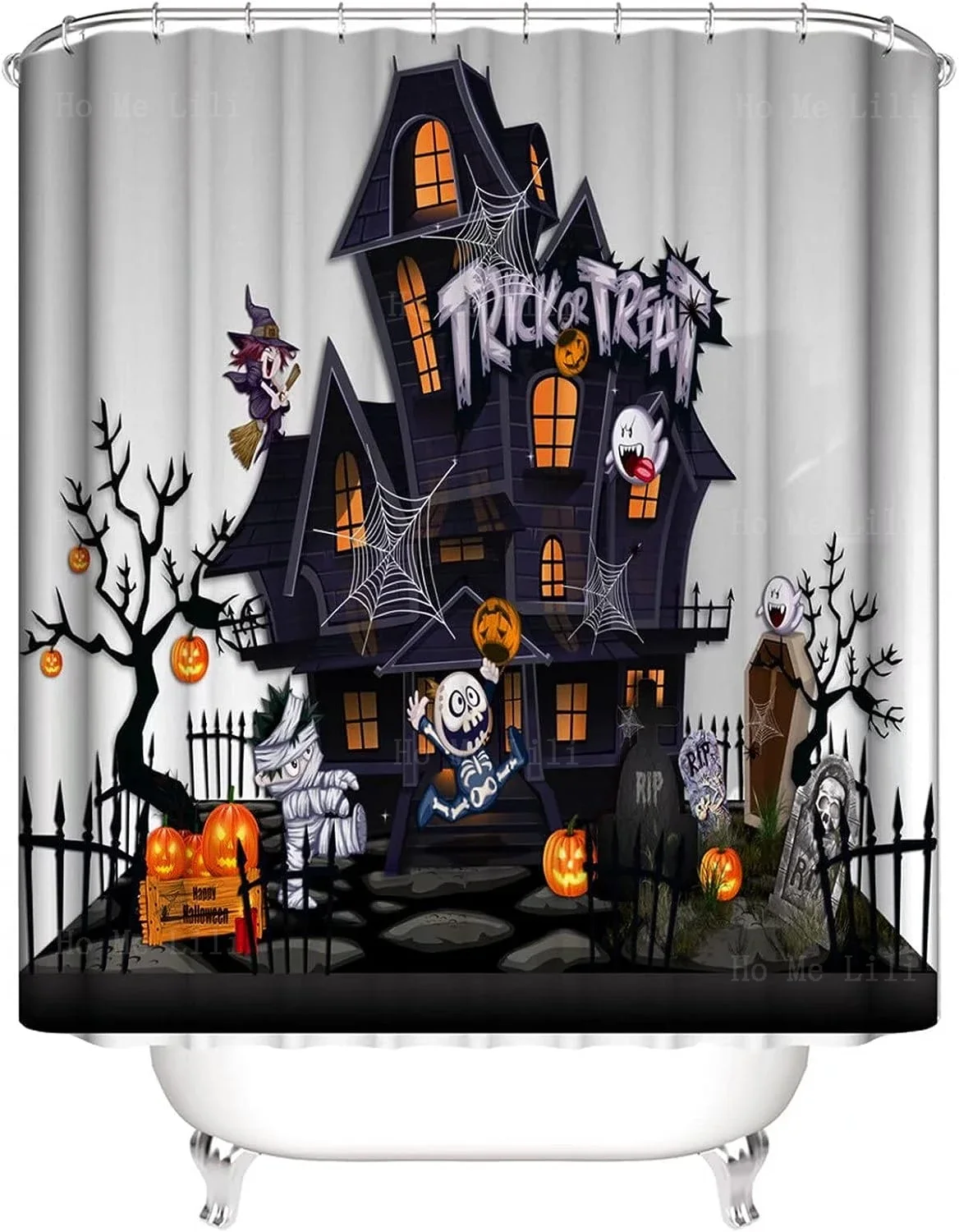 Halloween Haunted House Pumpkin Black Cat Shower Curtain Set With Rugs Four-Piece