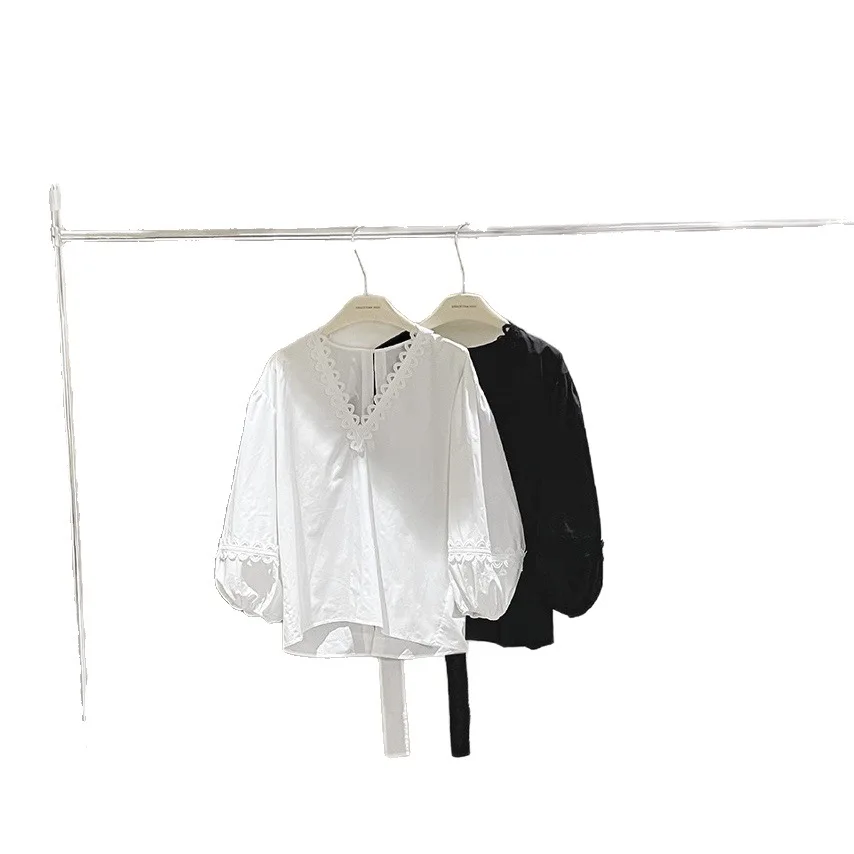 Chemise d'automne en coton à panneaux français pour femmes, col en v, dentelle découpée, manches lanternes