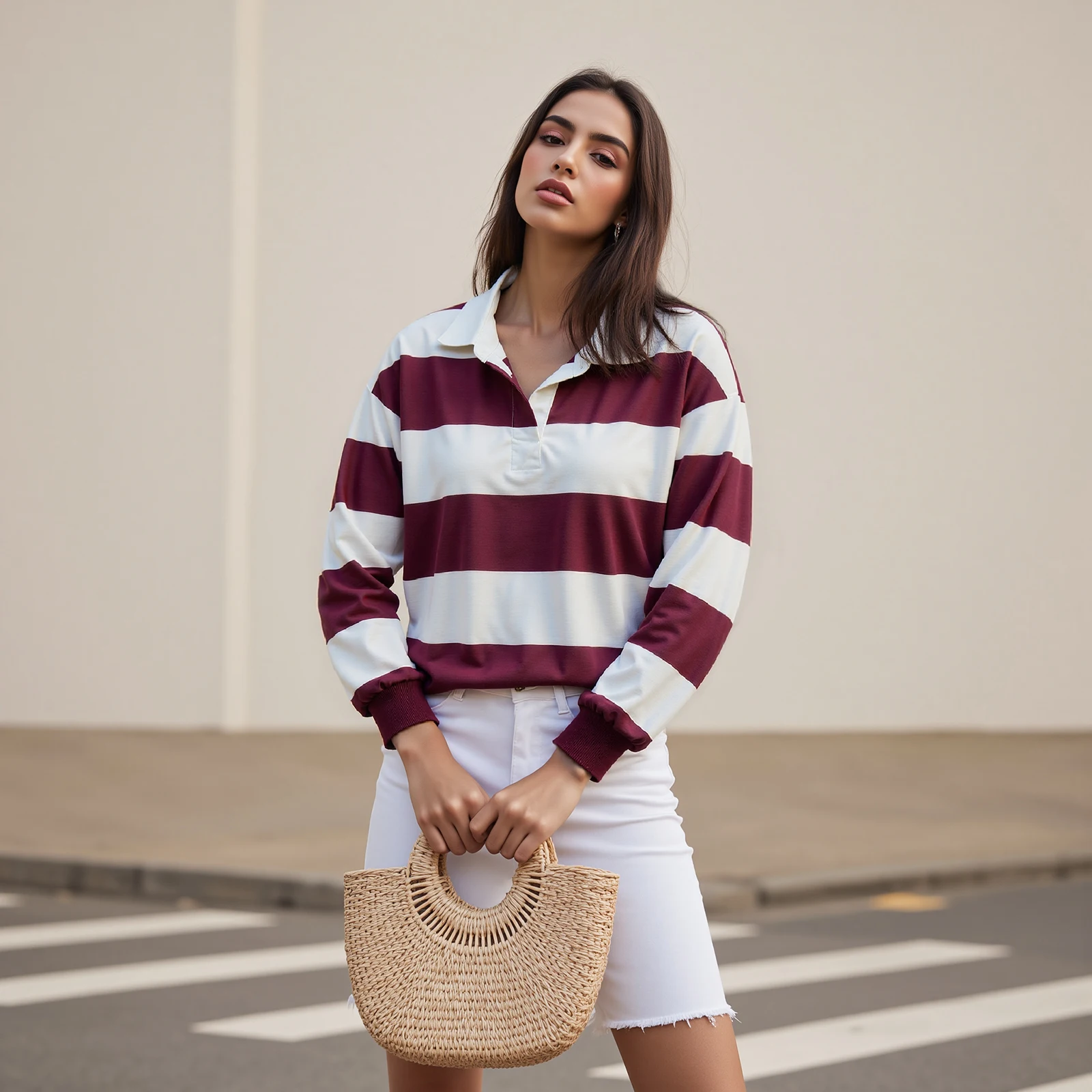 

Women Long Sleeve Turn-down Collar Loose T-shirt Ladies Fall Casual Striped Print Pullover Top Streetwear