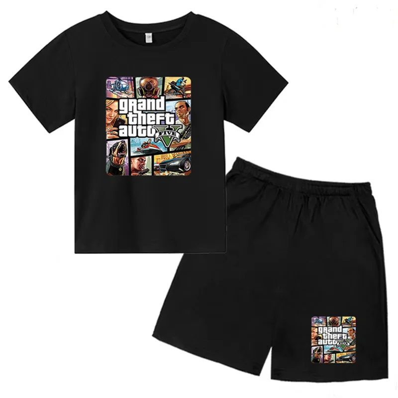 Grote Diefstal Auto Gta 5 Kinderen Korte Mouwen Set Jongens Meisje Ronde Hals T-Shirt + Korte Broek Vrije Tijd Katoen Zomer Mode Kleding