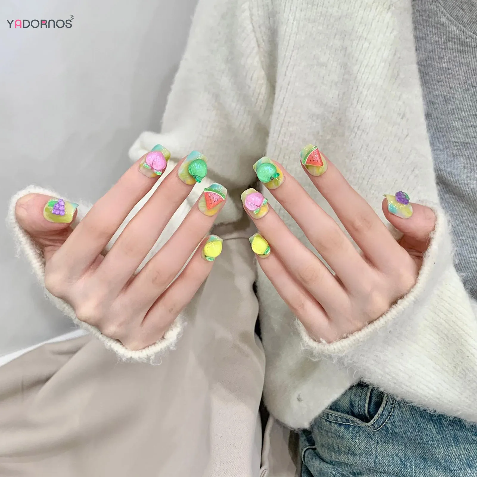 Uñas postizas 3D hechas a mano para manicura, 10 piezas, verde, amarillo, uva, sandía, melocotón, limón, manzana