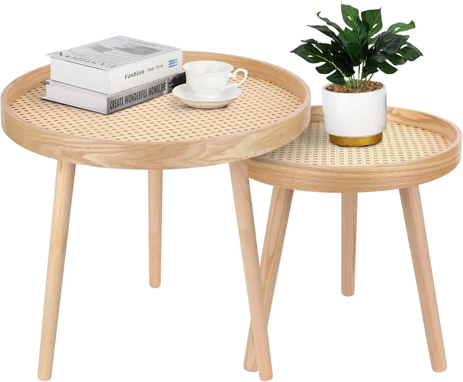 

Round Coffee Table Set of 2, Natural Boho Side Table, Small Mid Century Modern Rattan End Tables for Living Room Bedroom Office