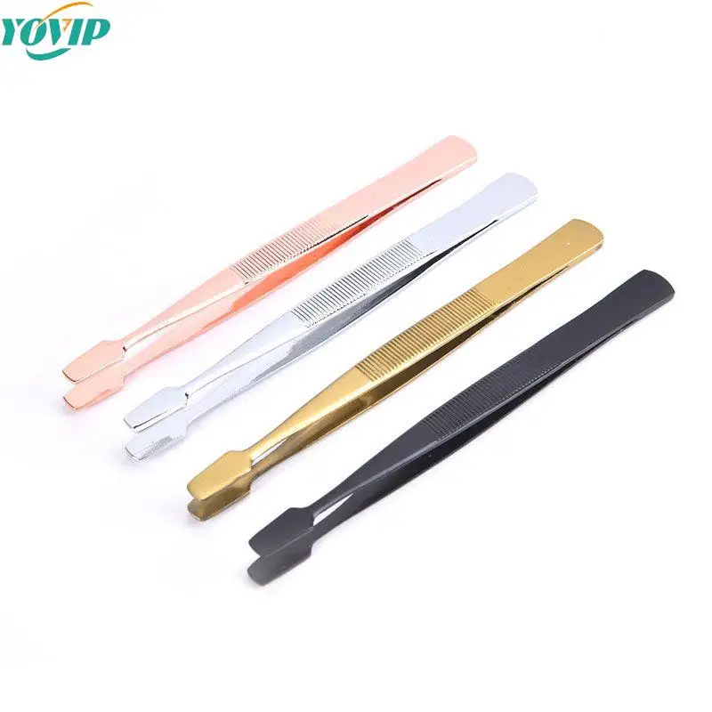 Brainbow 1pc Eyebrow Tweezer Slant Flat Tips Closed Clamp Face Eye Hair Remover False Eyelash Extension Eyelid Sticker Applictor