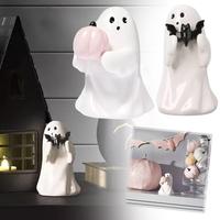 ​​10Cm Halloween Resin Cute Ghost Holding Pumpkin Garden Statue Resin Craft Party Decorations Enhance Festive Atmosphere