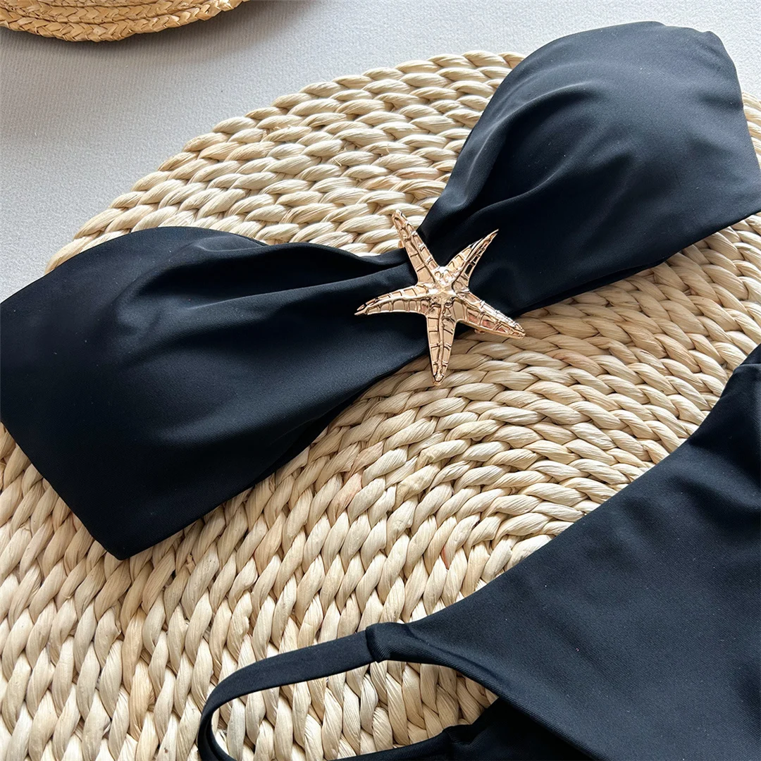 Neuer Metall-Stern-Bandeau-Bikini mit hohem Beinausschnitt, Damen-Badeanzug, zweiteiliges Bikini-Set, Badebekleidung, Badeanzug, Schwimmbikini V6422 – Detail 15