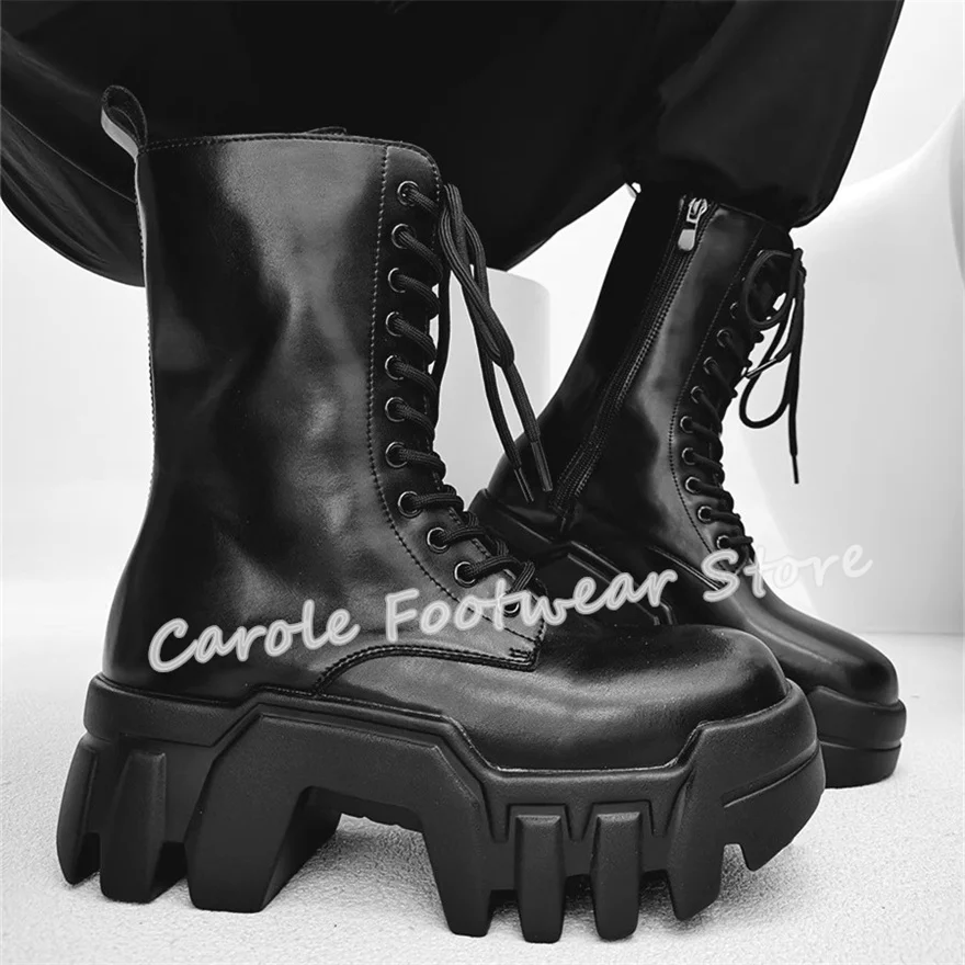 

Fashion 8cm Gear Chunky Bottom Wedges Boots for Men Punk Rivet Metal Decor HIgh Top Motorcycle Boots Male Lace-up Short Boots