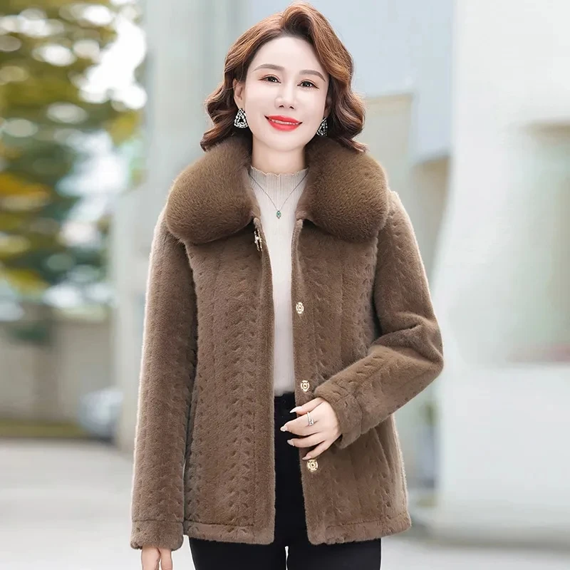 Noble Mother's Winter Fur Coat High Quality Thicken Imitation Mink Cashmere Coat Middle Aged Women Woolen Overcoat Fur Jackets