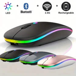 무선 마우스 블루투스 및 2.4GHz 듀얼 모드 충전식 RGB 인체 공학적 무음 클릭, PC, 아이패드, 노트북, 휴대폰 TV용