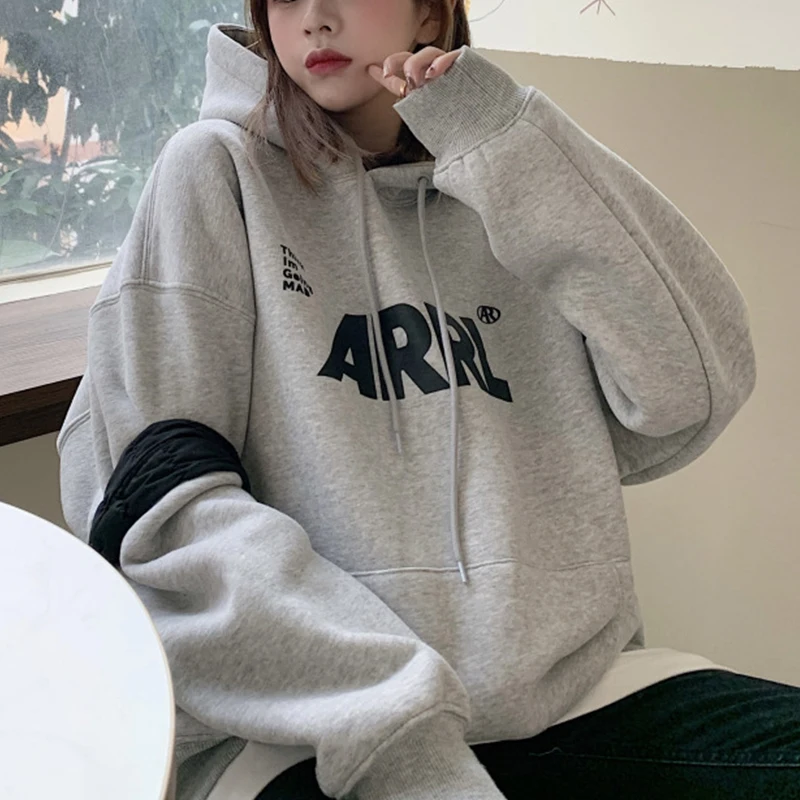 Thicken Warm Gray Hoodie Women Letter Print Aesthetic Fleece Hooded Sweatshirt Autumn Oversized Harajuku Hoodies Idle Sle Tops