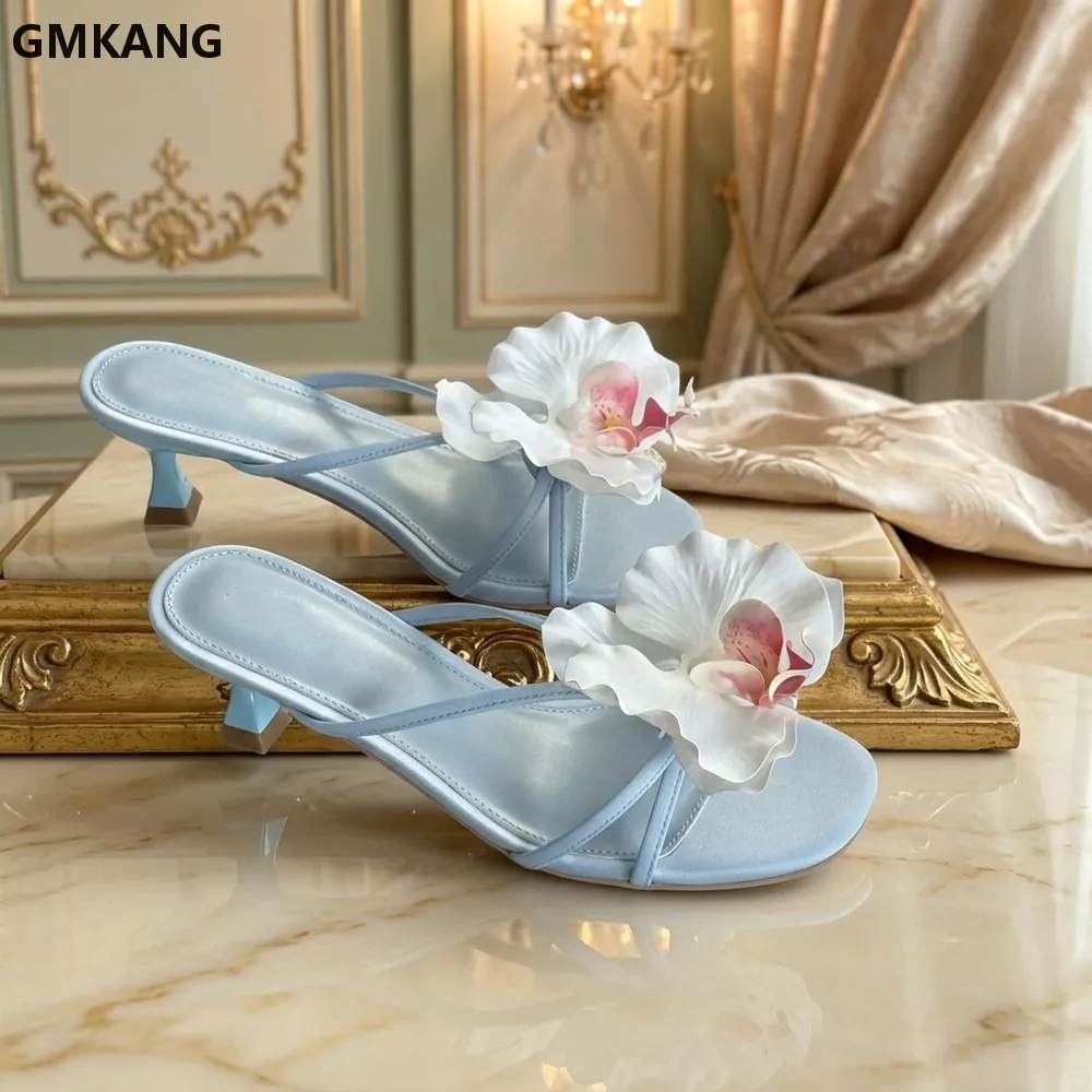 Women Summer Sandals 3D Butterfly Flower Kitten Heel Open Toe Leather Slippers Colorful Beach Shoes French Style