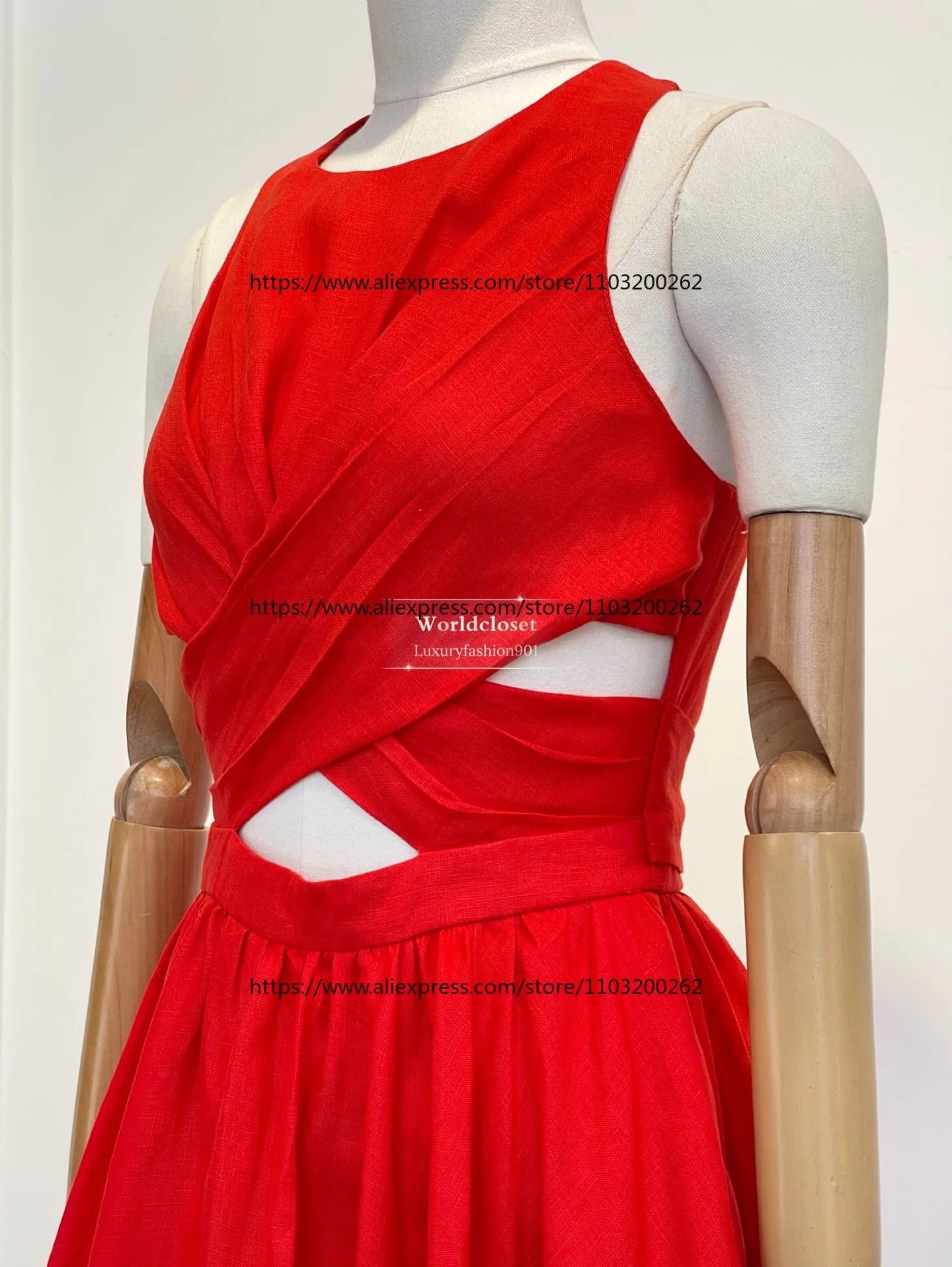 2025 Nova Moda Vermelho Sem Mangas Cortado Vestido Midi Linho de Alta Qualidade