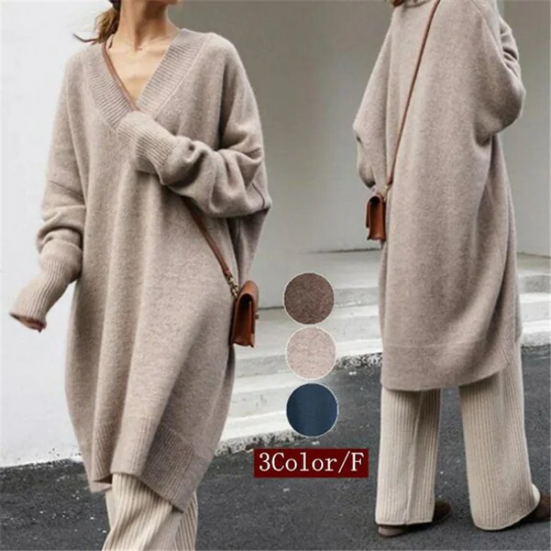 

Women's Autumn and Winter New Korean StyleVCollared Knit Loose Plus Size Solid Color Mid-Length Sweater for Wome