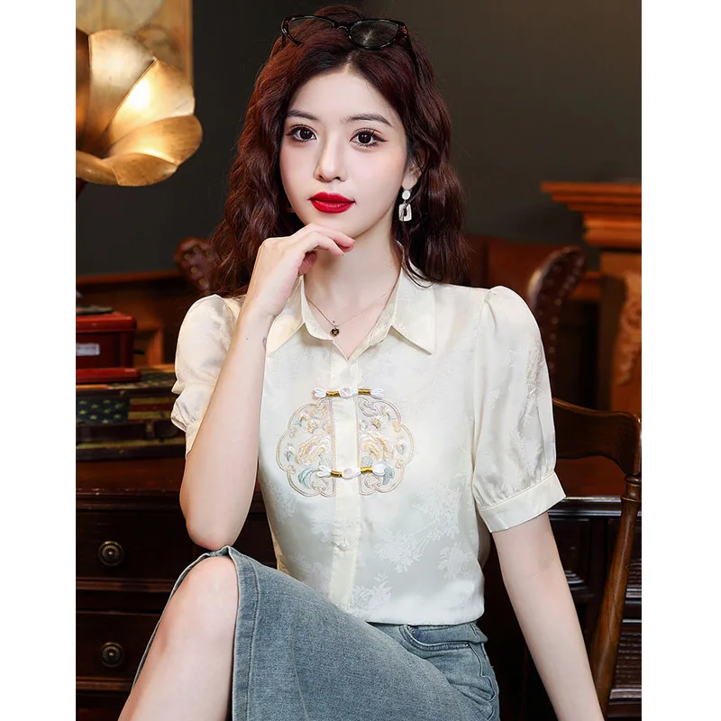 Short Sleeve Turn Down Collar Women Shirt Embroidery Chiffon Shirt Blouse Women Tops Blusas Mujer De Moda 2024 Verano Blusa H758