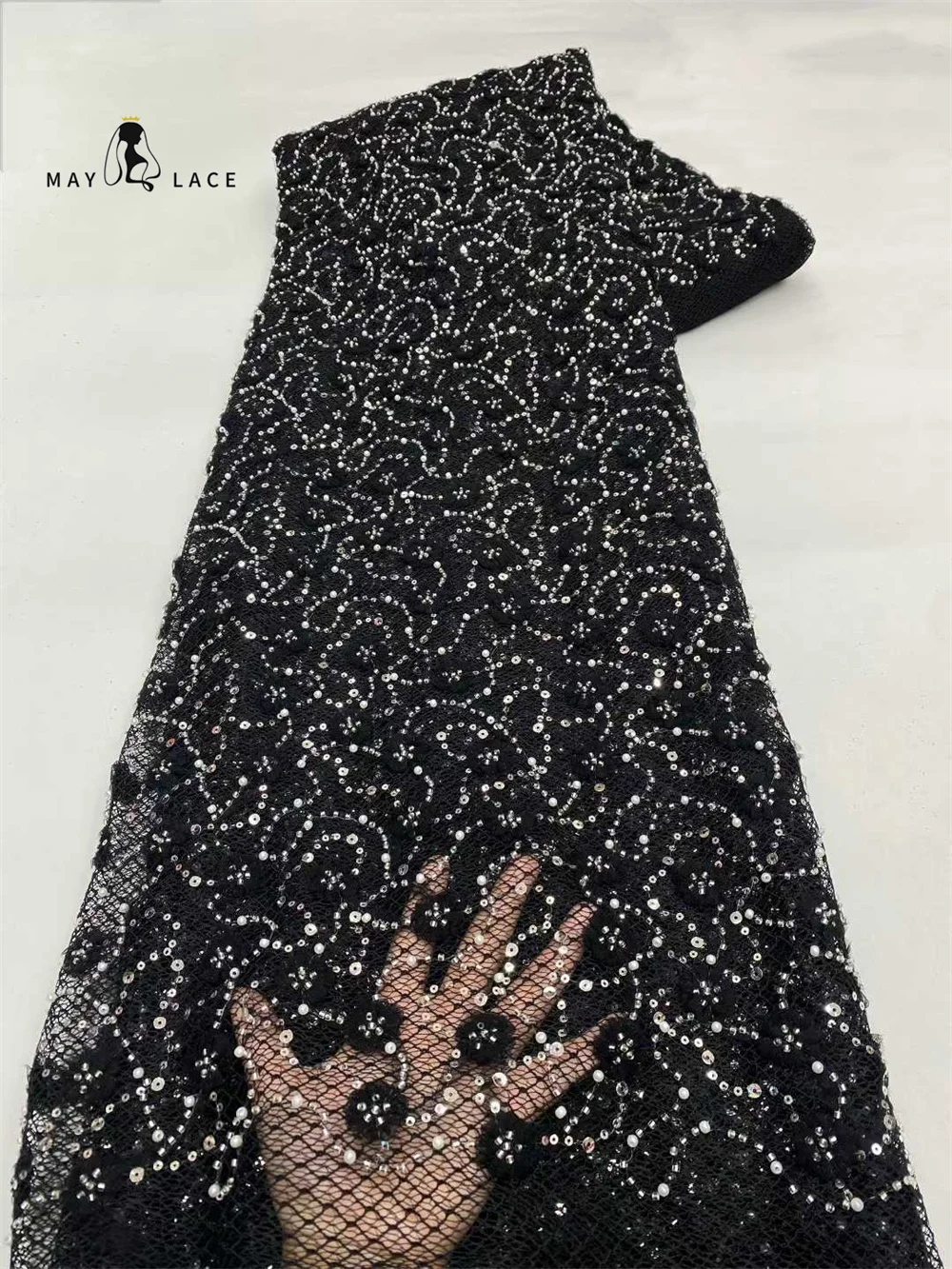 

Черная нигерийская кружевная ткань с французским узором 2026: Роскошная африканская тюлевая ткань ручной работы с пайетками для пошива французских свадебных платьев