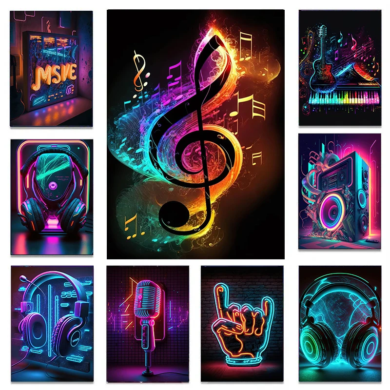 Pop 80S Live Music Neon Punk Poster Aesthetics Dj Guitar Karaoke Headphones Canvas Painting Wall Art Picture for Home Room Decor