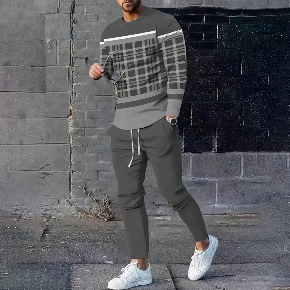 Striped Plaid Print Long Sleeve T Shirt Outfits Men's 2-Piece Set Clothing 2024 O-Neck T-Shirt Drawstring Waist Pants Sweatsuit - Image 2