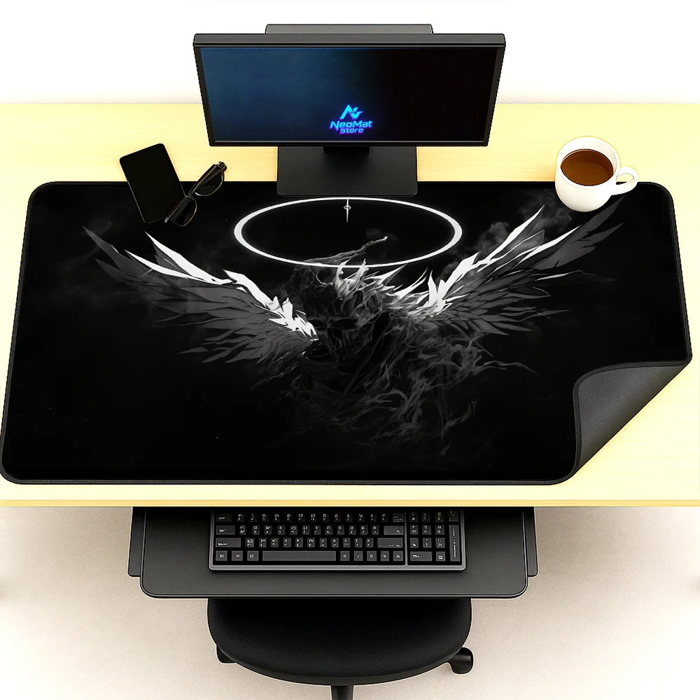 Gothic Mouse Pad Gamer Mat Mousemat Black White Deskmat Angel Skull Wings Gaming Nonslip Full Desk Mat 1400x600 Setup
