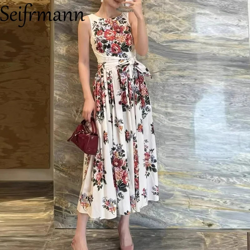 

Seifrmann 2026 Spring Women's New Fashionable Round Neck Sleeveless Cotton Printed Belt Waist cinching Dress