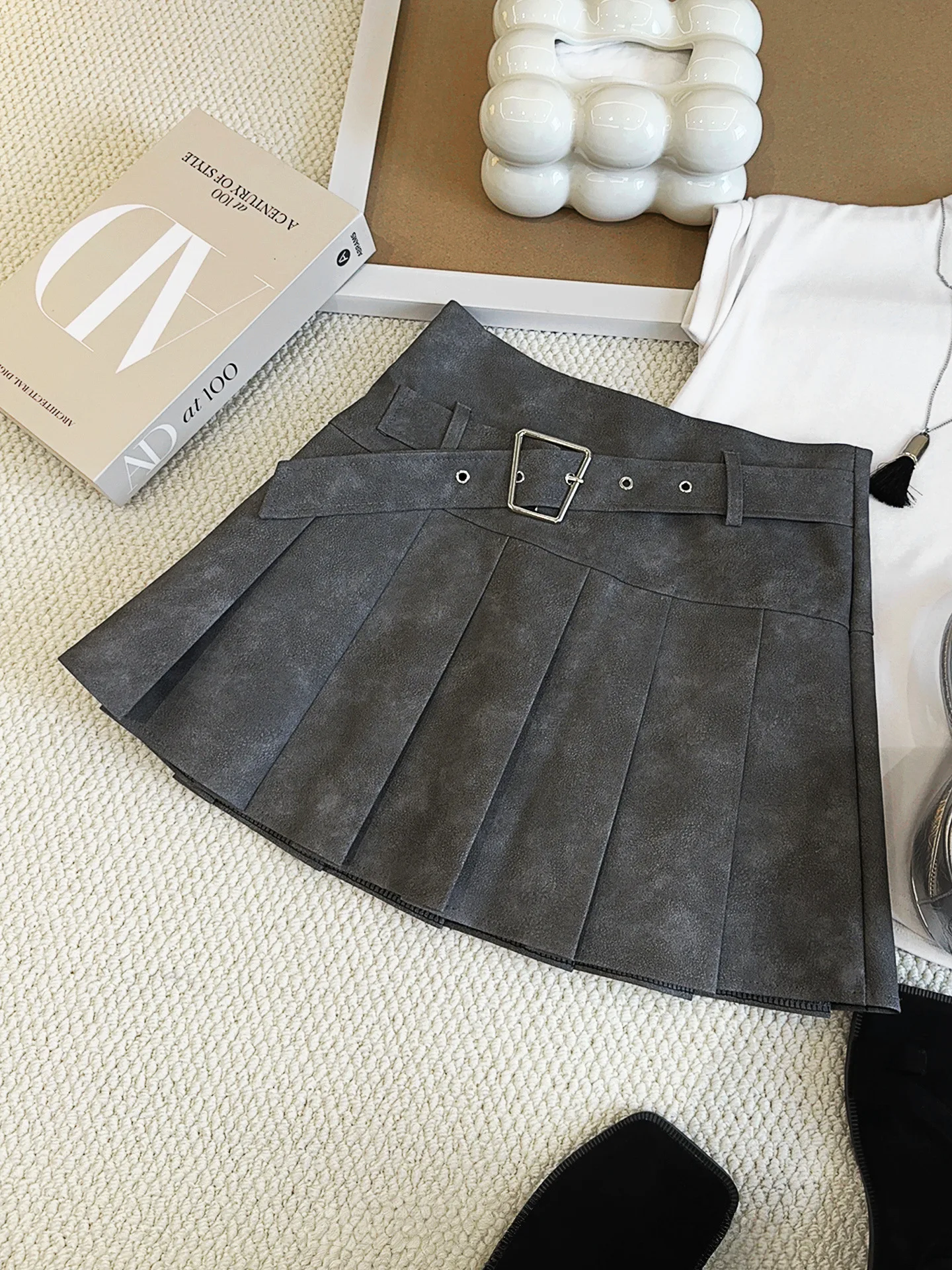 تنورة ميدي صبغ التعادل الأمريكية، تنورة قصيرة من جلد البولي يوريثان للسيدات، تنورة تنحيف عالية الخصر للخريف والشتاء على شكل حرف A، تنورة مطوية