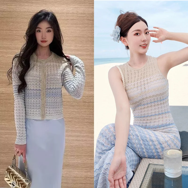 

CHUJIE 2025 Summer French Style Gradient Sleeveless Dress & Long Sleeve Cardigan Set – Lightweight Knit Two-Piece Outfit