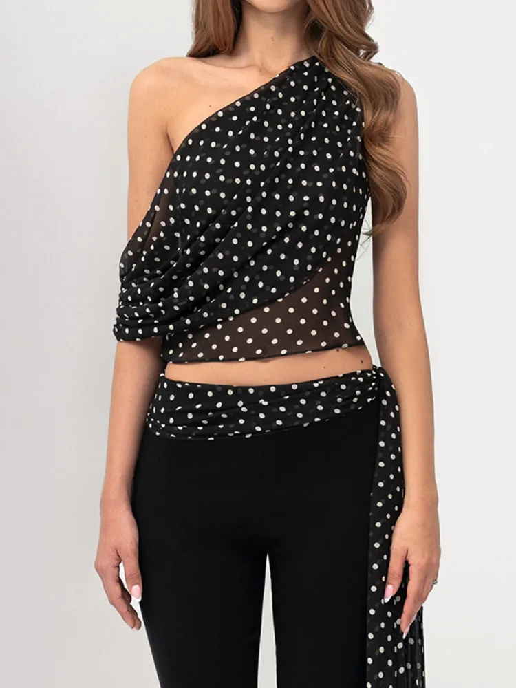 Blifanbo Set di pantaloni lunghi con spalla obliqua sexy per le donne Top corto senza maniche a pois estivi e pantaloni lunghi Set di due pezzi