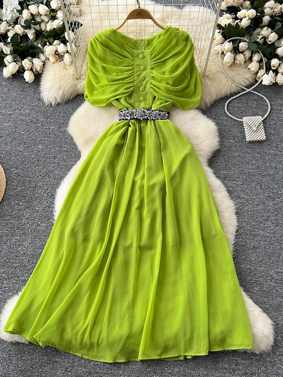 ฤดูใบไม้ผลิฤดูร้อนผู้หญิงสีแดง/สีม่วง/สีเขียว Draped ชุดชีฟองยาววินเทจรอบคอเอวสูง A-Line Maxi Vestido หญิง Robe ใหม่