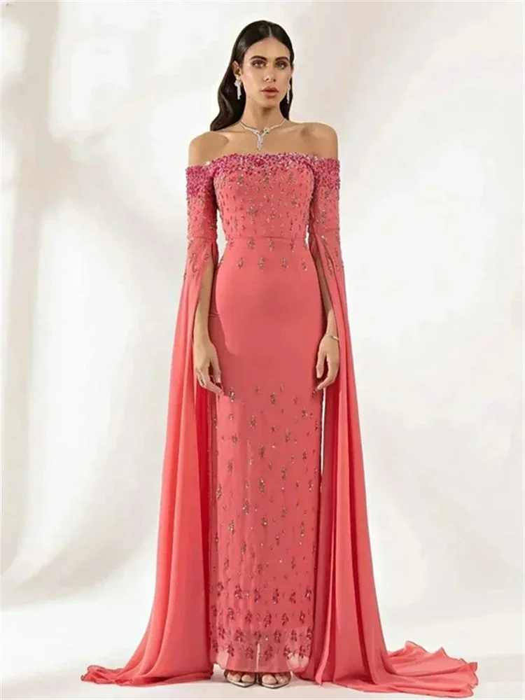 Customized Luxury Watermelon Red Sequined Beading Off The Shoulder Ribbons Woman Formal Wedding Guest Evening Prom Dresses Cockt