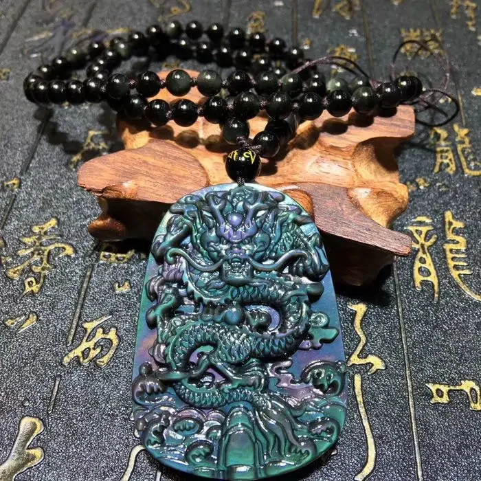 

Natural Rainbow Eye Obsidian Dragon Brand Custom Pendant Lucky Gold Obsidian Retro Domineering Dragon King Zodiac Necklace Men