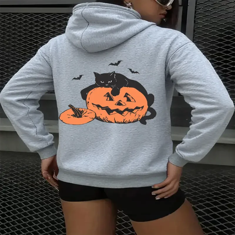 

Женская толстовка с капюшоном на Хэллоуин, толстовка с капюшоном и длинным рукавом, повседневная осенне-зимняя уютная повседневная одежда с принтом черного кота и фонаря