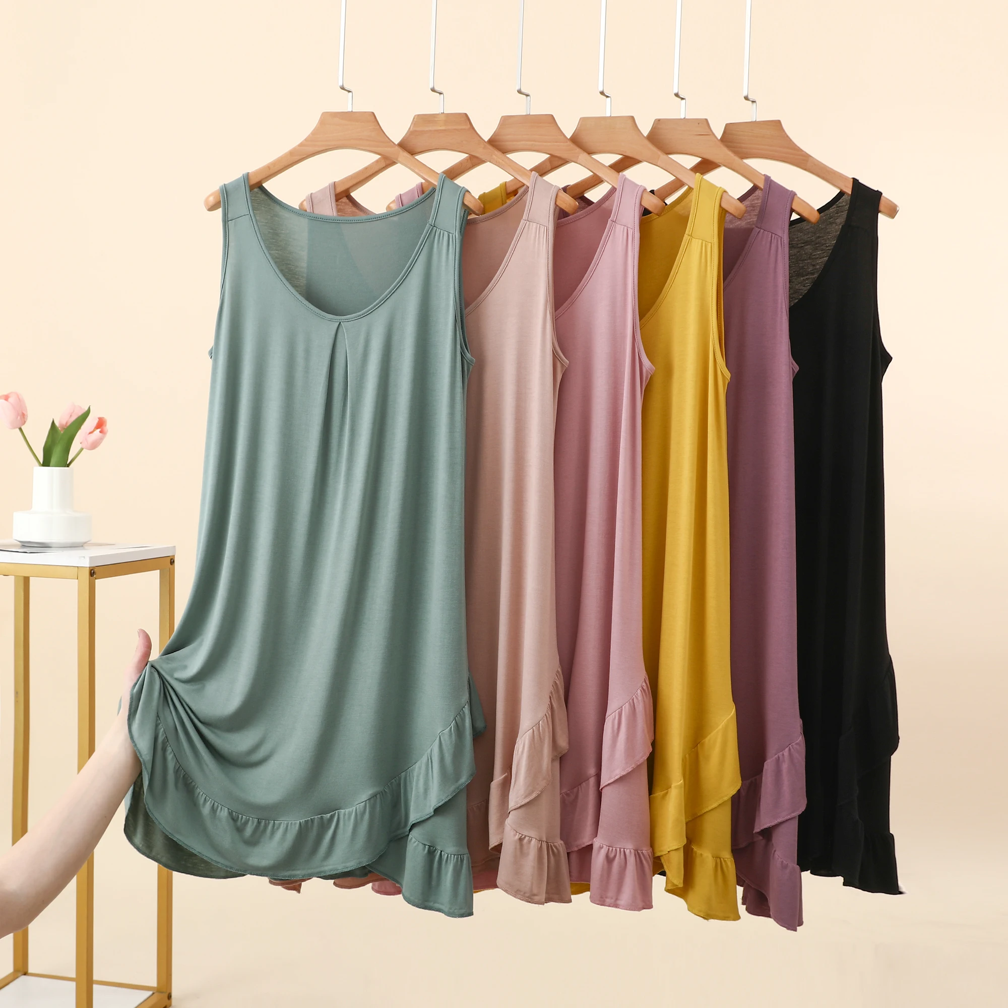 Modal Sleeveless Nightgown Women Summer Thin Medium Length Loose Hem Home Clothes Can Be Worn outside Vest Skirt