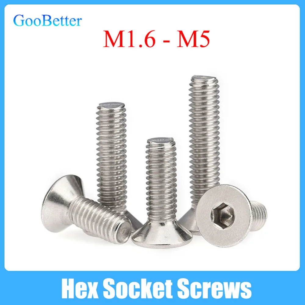 

2-100Pcs Hex Socket Screws M1.6 M2 M2.5 M3 M4 M5 304 Stainless Steel Hexagon Flat Countersunk Head Bolts Length=3-150mm