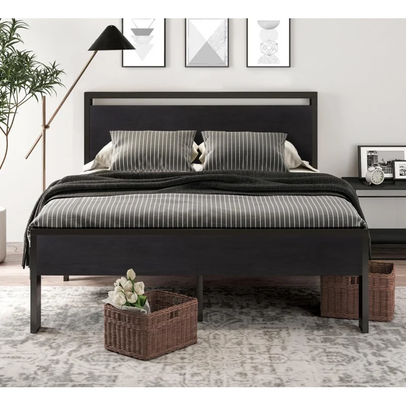 Metal Plataforma Bed Frame com Cabeceira De Madeira e Footboard, Fundação Colchão, Sem Box Primavera N, Queen Size, 14"