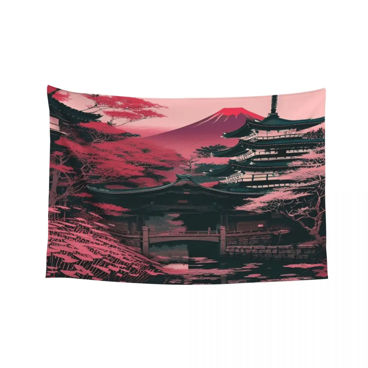 

Japanese Garden and Mount Fuji in pink and black Tapestry Japanese Room Decor Art Mural Tapestry