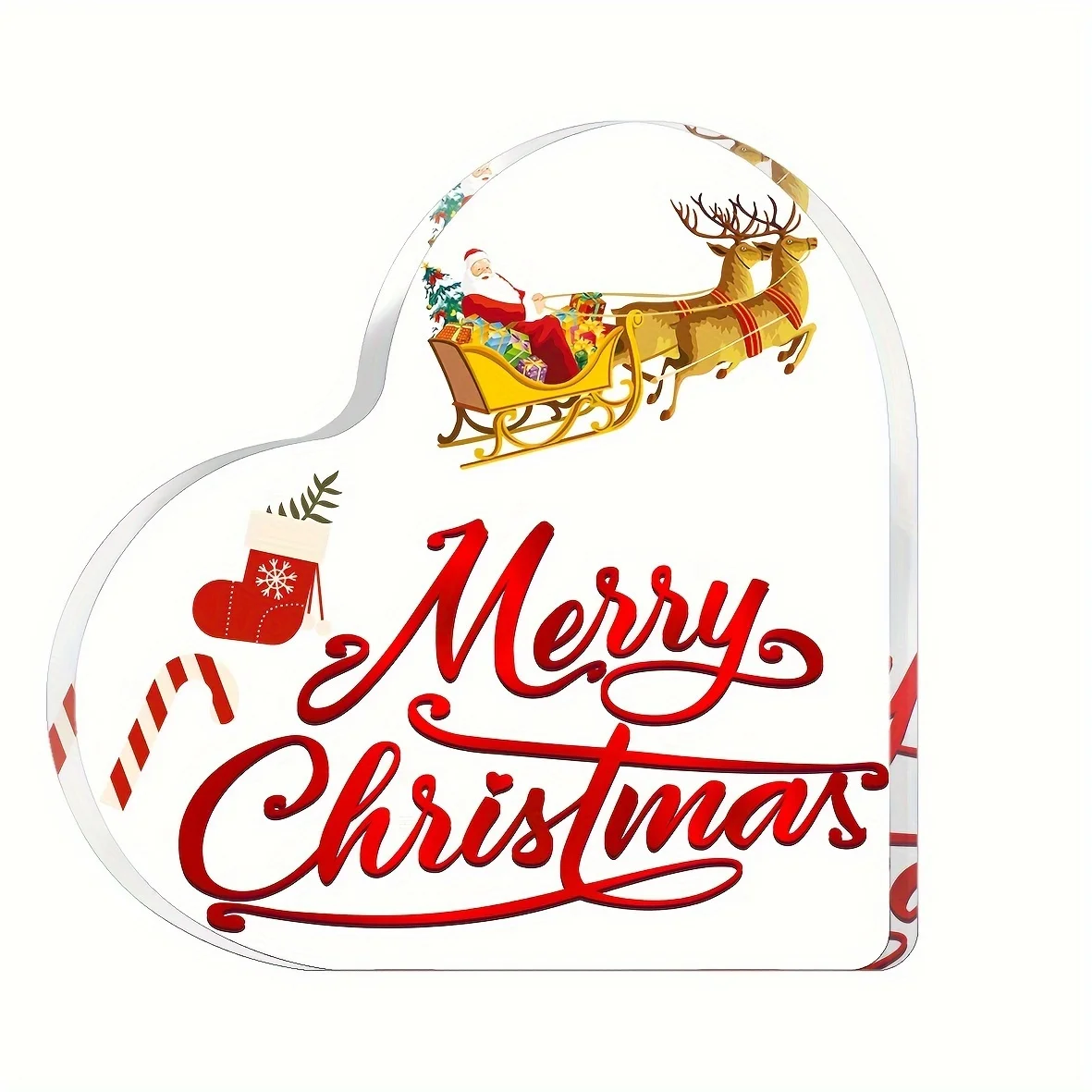 Merry Christmas Heart‑Shaped Acrylic Plaque, Santa Reindeer Sleigh Table Decor,Classic Xmas Heart Acrylic Sign, Christmas Stocking Candy Cane Desktop Ornament